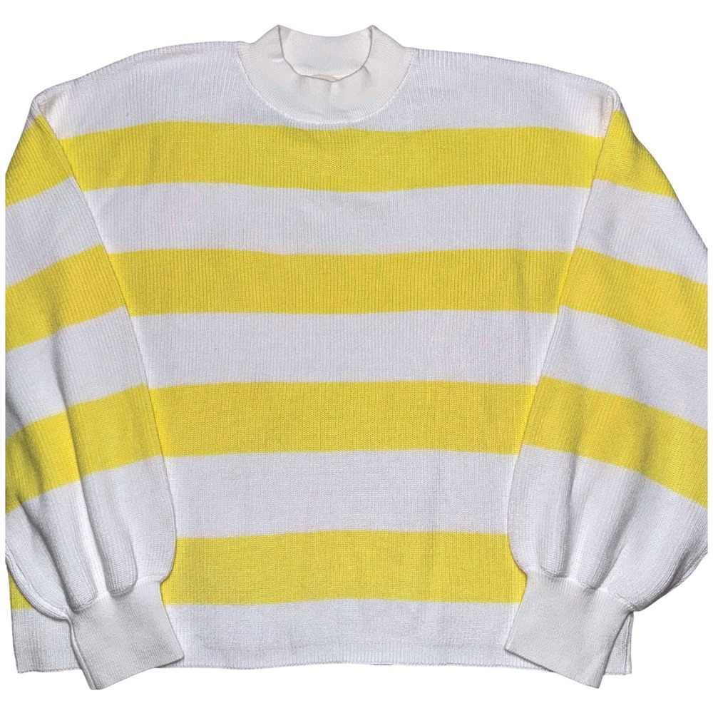 Cotierra Women Yellow White Striped Mock Neck Knit Sweater Large